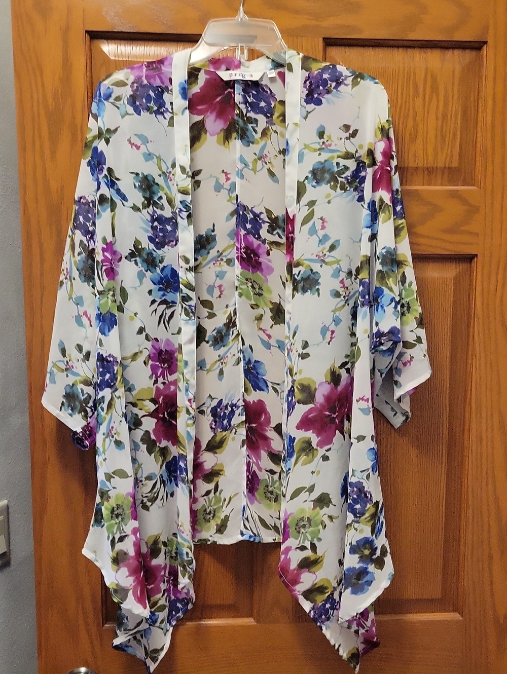 Floral Chiffon Kimono - White with Purple & Blue Flowers